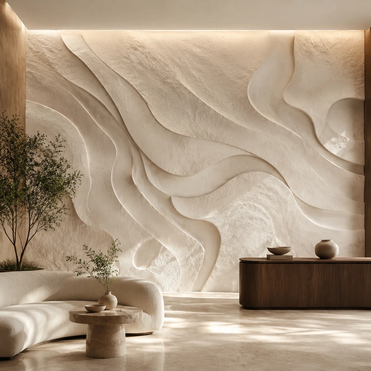Sculptured three-dimensional decorative relief wall finish